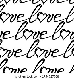 Hand drawn seamless pattern of lettering Love in unbroken line and heart isolated on white background. Romantic doodle sketch illustration for greeting card, invitation, wallpaper, wrapping paper