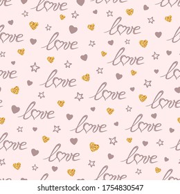 Patrón sin fisuras dibujado a mano de amor, estrellas y corazones dorados brillantes en un fondo rosado. Dibujo romántico de dibujo de doodle para tarjeta de saludo, invitación, papel de pared, papel de envoltura, tela