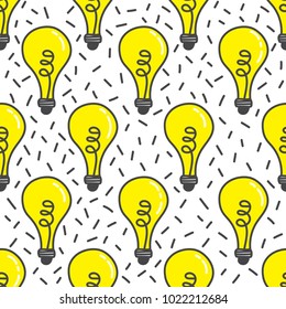 Hand drawn seamless pattern with light bulbs set. Collection of bulbs, sketch objects. Black, white and yellow overlapping background with lightbulbs. Decorative wallpaper, good for printing