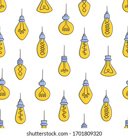 Hand drawn seamless pattern of Light Bulbs. Different color loft lamps in doodle style. Vector illustration on white background