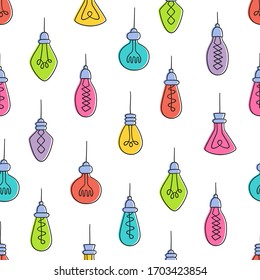 Hand drawn seamless pattern of Light Bulbs. Different color loft lamps in doodle style. Vector illustration on white background