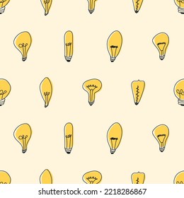 Hand drawn seamless pattern of Light Bulbs. Different loft lamps in doodle style. Idea lightbulb sign symbol pattern. Vector illustration
