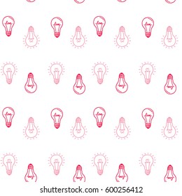 Hand drawn seamless pattern with light bulb, heart. Light bulb lamp icon. Concept of big idea, inspiration, innovation, love. Isolated. Vector illustration. Idea, love symbol. Sketch. Doodle sign.