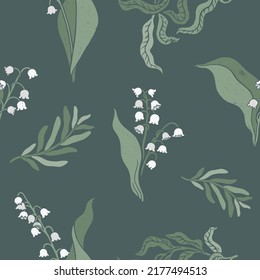 Hand drawn seamless pattern with lily of the valley flowers. Retro style textured florar background. Dark green elegant colors.