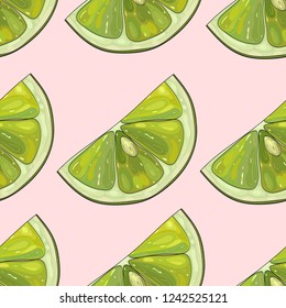 Hand drawn seamless pattern of lime slices on a light pink background. Trendy food print of green lemons. Can be used in design of showcase, billboards, interior, restaurant menu, clothes fabrics.