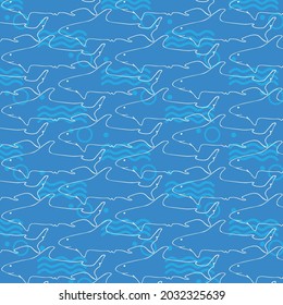 Hand drawn seamless pattern with line sharks and geometric forms isolated on blue background. Modern ornament. Vector illustration.