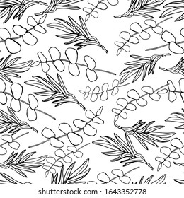Hand drawn seamless pattern, liner, mascara. Autumn, spring leaves of different shapes, decorative leaves with small details. tropical leaves on isolate. Design for textile decor, wallpaper.