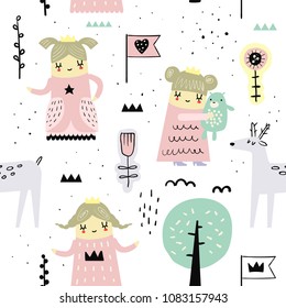 Hand Drawn Seamless Pattern with Little Princess. Creative Childish Background with Cute Girls and Animals for Fabric, Textile, Wallpaper, Decoration, Prints. Vector illustration