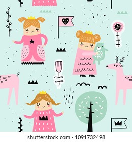 Hand Drawn Seamless Pattern with Little Princess. Creative Childish Background with Cute Girls and Animals for Fabric, Textile, Wallpaper, Decoration, Prints. Vector illustration