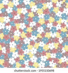 Hand drawn seamless pattern with little colorful flowers on a blue background. Vector illustration