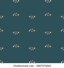 Hand drawn seamless pattern with little white psilocybe semilanceata mushroom print. Turquoise background. Stock illustration. Vector design for textile, fabric, giftwrap, wallpapers.