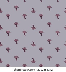Hand drawn seamless pattern with little cantharellus cibarius mushroom ornament. Pastel purple background. Stock illustration. Vector design for textile, fabric, giftwrap, wallpapers