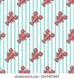 Hand drawn seamless pattern of lobster on striped. Fun print for trendy summer clothes