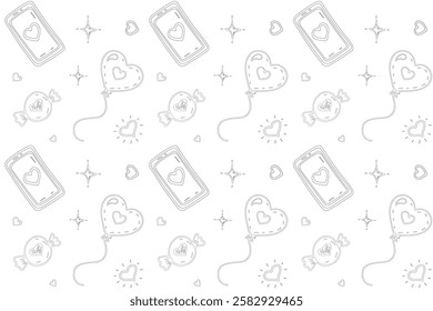 Hand drawn seamless pattern with love elements in linear style on white background .  Valentines doodle elements: baloon, candy, telephone, hearts in sketch style. Vector illustration. 