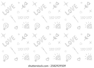 Hand drawn seamless pattern with love elements in linear style on white background .  Valentines doodle elements: love, flowers, lamp, diamonds, hearts in sketch style. Vector illustration. 