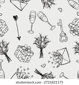 Handgezeichnetes nahtloses Muster mit Liebessymbolen Herzen. Geschenkboxen, Strauß, Schlüssel, Champagner-Briefe. Valentinstag-Verpackungspapier. Vektorskizze Illustration in Vintage-Buntstil Holzkohle