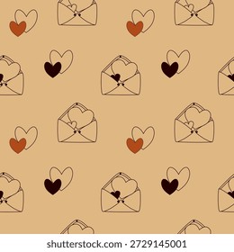 Dibujado a mano sin patrón con letras de amor y corazones en colores beige y marrón suave. Adecuado para papelería romántica, papel de embalaje, tela y diseño de superficies.