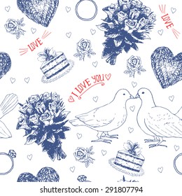 Hand drawn seamless pattern with love symbols