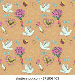 Hand drawn seamless pattern with love symbols
