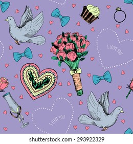 Hand drawn seamless pattern with love symbols