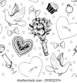 Hand drawn seamless pattern with love symbols
