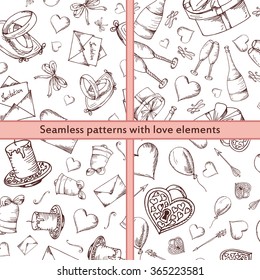 Hand drawn seamless pattern with love elements. Vector sketch illustration for valentine, wedding, save the date