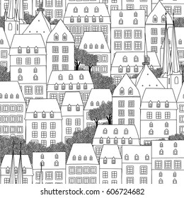 Hand drawn seamless pattern of Luxembourg style houses 
