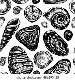 Hand drawn seamless pattern made of pebbles and shells isolated on white. Vector ink illustration in engraving style. Rustic, boho, grunge, nautical.