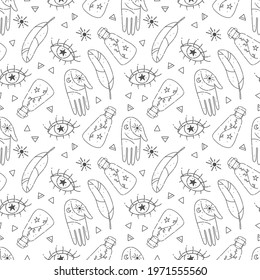 hand drawn seamless pattern with magical and esoteric elements