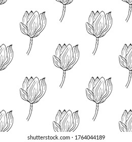 Hand drawn seamless pattern with magnolia flowers. Black and white botanical sketch. Monochrome floral elements. Vector illustration.