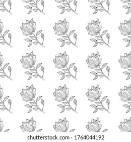 Hand drawn seamless pattern with magnolia flowers. Black and white botanical sketch. Monochrome floral elements. Vector illustration.