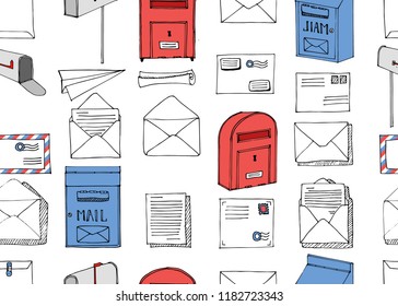 Hand Drawn Seamless Pattern. Mail, Post, Letter, Envelope, Paper Plane,mailbox Cartoon Set. Vector Illustration. Delivery Doodle Decorative Elements. Mail And Post In Sketch Style.