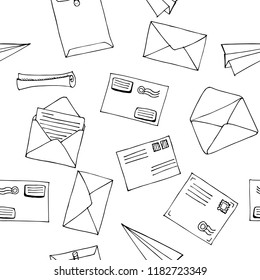 Hand Drawn Seamless Pattern. Mail, Post, Letter, Envelope, Paper Plane,mailbox Cartoon Set. Vector Illustration. Delivery Doodle Decorative Elements. Mail And Post In Sketch Style.