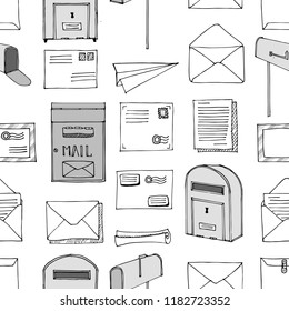 Hand drawn seamless pattern. Mail, post, letter, envelope, paper plane,mailbox cartoon Set. Vector illustration. Delivery Doodle decorative elements. Mail and post in sketch style.