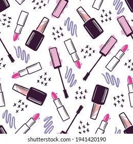 Hand drawn seamless pattern of makeup beauty cosmetic elements, mascara, cream bottle, nail product, brush. Doodle sketch style. Makeup element illustration for wallpaper, background, textile.