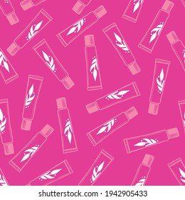 Hand drawn seamless pattern of makeup cosmetic cream bottle elements. Doodle sketch style. Container element drawn by digital pen. Vector illustration for beauty, makeup wallpaper, background, textile