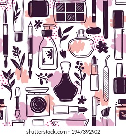 Hand drawn seamless pattern of makeup beauty cosmetic elements, mascara, cream bottle, nail product, brush. Doodle sketch style. Makeup element illustration for wallpaper, background, textile.