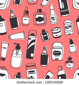 Hand Drawn Seamless Pattern With Male Cosmetics. Vector Illustration. Actual Background With Beauty Products. Original Doodle Style Drawing Bath Things. Creative Ink Art Work