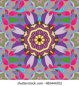 Hand drawn seamless pattern with mandalas. Vector.