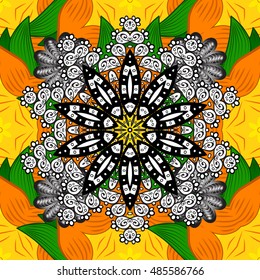 Hand drawn seamless pattern with mandalas. Green, yellow, orange, white. Vector.