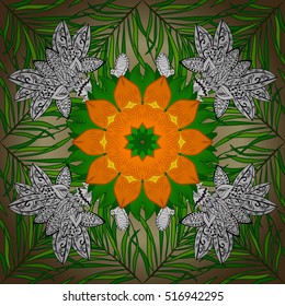 Hand drawn seamless pattern with mandalas. Green, yellow, orange, white. Vector.