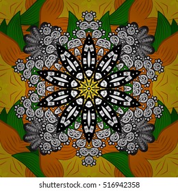 Hand drawn seamless pattern with mandalas. Green, yellow, orange, white. Vector.