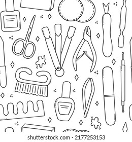 Hand drawn seamless pattern of manicure and pedicure equipment doodle. Nail salon in sketch style. nail polish, tweezers, polish remover, nail clippers, scissors. Vector illustration.