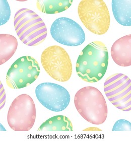 Hand drawn seamless pattern of many different colors eggs with lines, circles, flowers, glare. Colorful spring doodle illustration for Easter, greeting card, invitation, wallpaper, wrapping paper