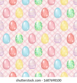 Hand drawn seamless pattern of many eggs with lines, circles, flowers, glare, checkered background. Colorful spring doodle illustration for Easter, greeting card, invitation, wallpaper, wrapping paper