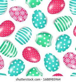 Patrón sin fisuras de muchos huevos con líneas, círculos, flores, resplandor. Ilustración de doodle de primavera colorida para Pascua, tarjeta de felicitación, invitación, papel pintado, papel de envoltura, tela