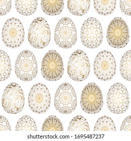 Hand drawn seamless pattern of many eggs with patterns, mandala, flowers, glare. Abstract ornament vector illustration for Easter, greeting card, invitation, wallpaper, wrapping paper, fabric, textile