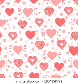 Hand drawn seamless pattern of many different size pink hearts. Romantic cute doodle illustration for design Valentine's day, Womens Day or Birthday card, invitation, wallpaper, wrapping paper, fabric