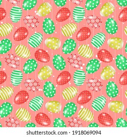 Hand drawn seamless pattern of many eggs with lines, circles, flowers. Easter holiday collection. Colorful spring doodle illustration for greeting card, invitation, wallpaper, wrapping paper, fabric