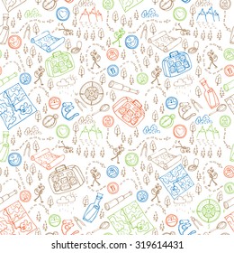 Hand drawn seamless pattern, maps,  picnic, travel, hiking and camping